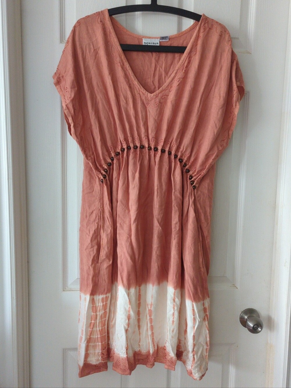 Raya Sun Boho V-Neck Tie-Dye Dress 2X Coral/White